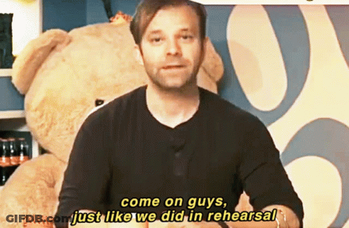 Man Standing In Front Of Teddy Bear Saying Come On Guys GIF