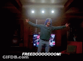 Man Standing In Front Of TV With Arms Outstretched Screen Saying Freedoooooom GIF