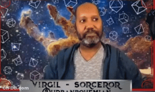 Man Standing In Front Of Virgil Sorceror Sign GIF