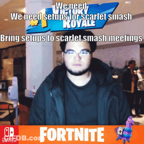 Man Standing In Front Of We Need Setups For Scarlet Smash Royale Sign GIF