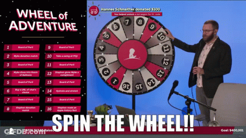 Man Standing In Front Of Wheel Of Adventure Game GIF
