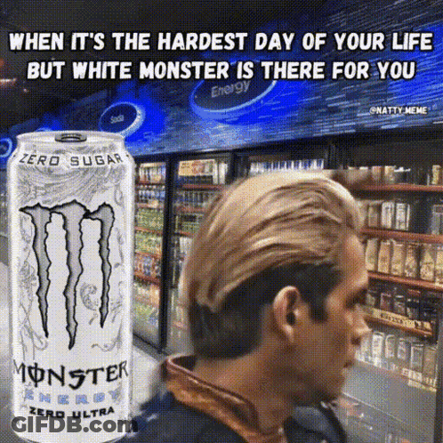 Man Standing In Front Of White Monster Energy Drink GIF