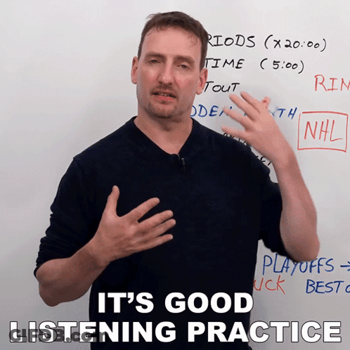 Man Standing In Front Of Whiteboard Saying Listening Practice GIF