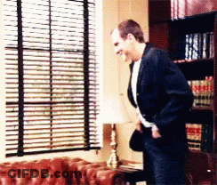 Man Standing In Front Of Window With Blinds GIF