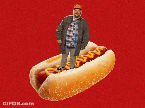 Man Standing In Hot Dog With Mustard GIF