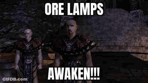 Man Standing Next To Another Man Says Ore Lamps Awaken GIF