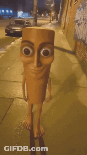 Man Standing Next To Cartoon Character On Street GIF