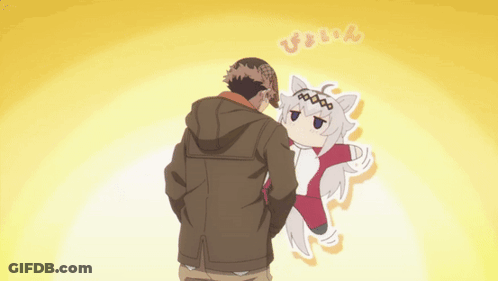 Man Standing Next To Cartoon Character With Cat Ears GIF