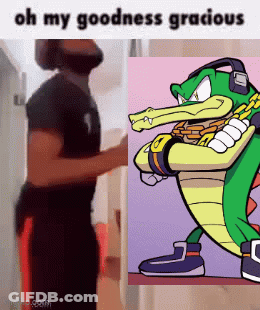 Man Standing Next To Crocodile And Cartoon Character GIF