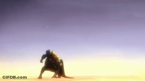 Man Standing Next To Dinosaur In Field GIF