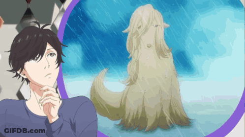 Man Standing Next To Dog Picture In Rain GIF
