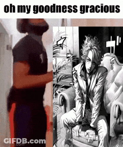Man Standing Next To Drawing Of Man Sitting In Chair GIF