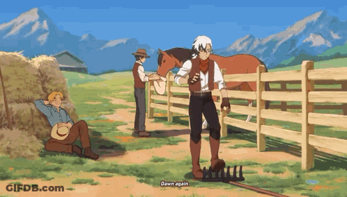 Man Standing Next To Horse Holding Rake Says Dawn Again GIF