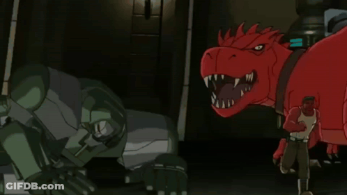 Man Standing Next To Large Red Dinosaur GIF