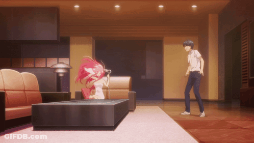 Man Standing Next To Pink-Haired Girl GIF