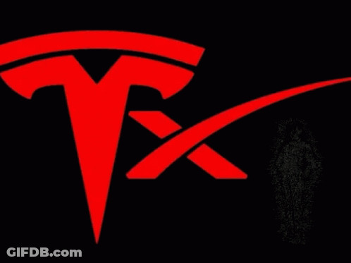 Man Standing Next To Red Tesla Logo GIF