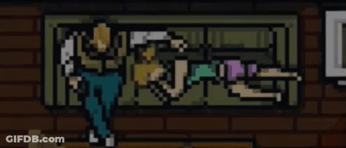 Man Standing Next To Woman Laying On Couch Pixel Art GIF
