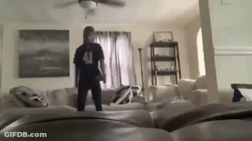 Man Standing On Couch In Living Room GIF