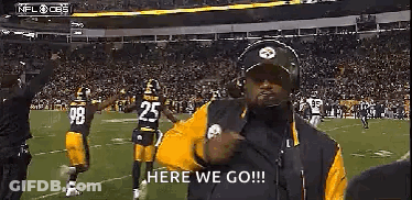 Man Standing On Football Field With Microphone Saying Here We Go GIF