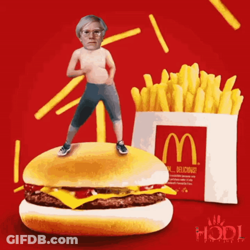 Man Standing On McDonald's Hamburger Next To French Fries GIF