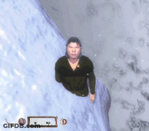 Man Standing On Snowy Cliff In Video Game GIF