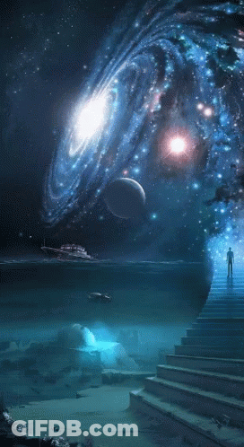 Man Standing On Stairs Looking At Galaxy GIF