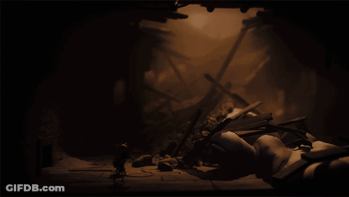 Man Statue Laying In Ruined Building GIF