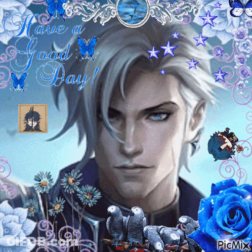 Man Surrounded Blue Flowers Butterflies Have Good Day GIF