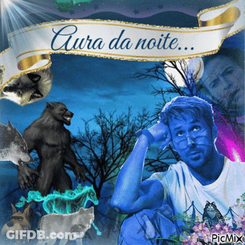 Man Surrounded By Animals With Aura Da Noite Banner GIF