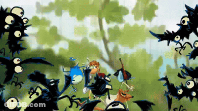 Man Surrounded By Birds With Big Eyes GIF