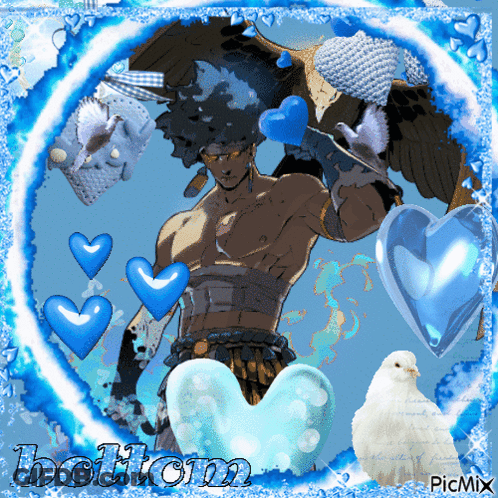 Man Surrounded By Blue Hearts Saying Bottom GIF