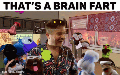 Man Surrounded By Cartoon Characters Thats A Brain Fart GIF