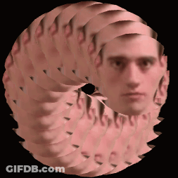 Man Surrounded By Circular Pattern Of Faces GIF