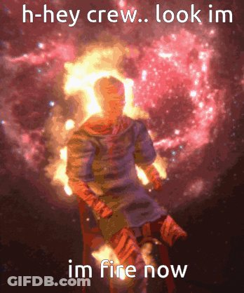 Man Surrounded By Fire Saying H-Hey Crew Look Im Im Fire Now GIF