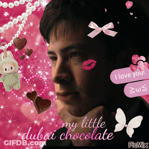 Man Surrounded By Hearts And Butterflies Saying My Little Dubai Chocolate GIF