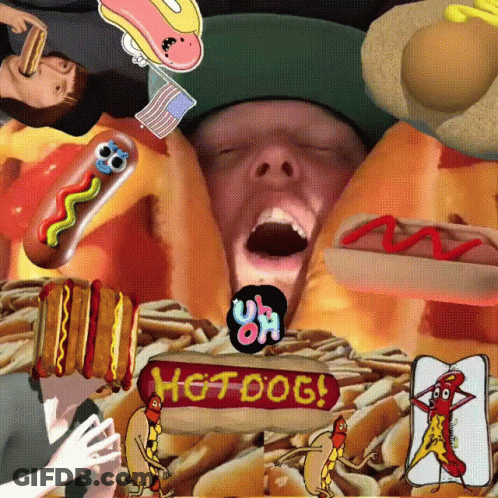 Man Surrounded By Hot Dogs With Hot Dog Sign GIF