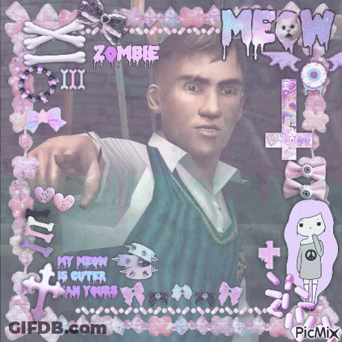 Man Surrounded By Pink Bows Zombie Meow GIF