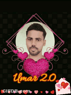 Man Surrounded By Pink Hearts Named Umar GIF