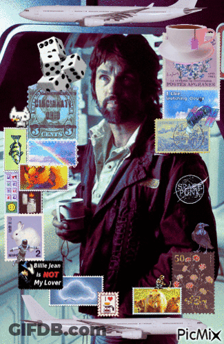 Man Surrounded By Postage Stamps Including 5 Cents GIF