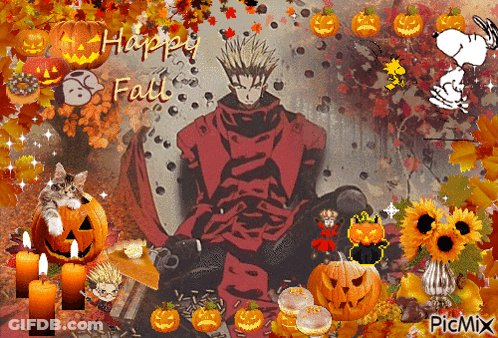 Man Surrounded By Pumpkins Saying Happy Fall GIF