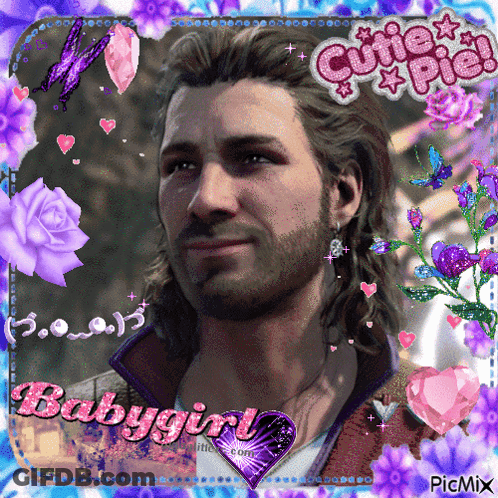 Man Surrounded By Purple Flowers Saying Babygirl GIF