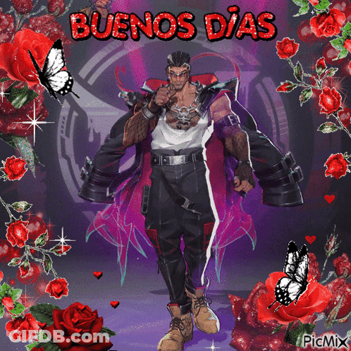 Man Surrounded By Roses And Butterflies Buenos Dias GIF