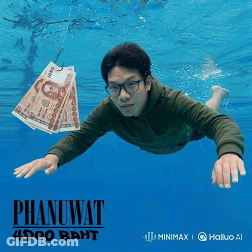 Man Swimming Underwater With Money On Hook GIF
