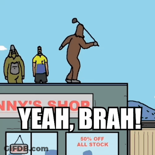 Man Swinging Golf Club On Building Saying 50% Off All Stock GIF