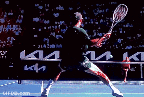 Man Swinging Tennis Racket With Kia Ad In Background GIF