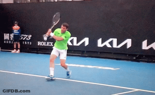 Man Swinging Tennis Racquet With Rolex Sign GIF