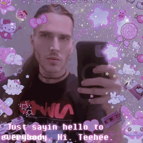 Man Taking Selfie With Hello Kitty Stickers GIF
