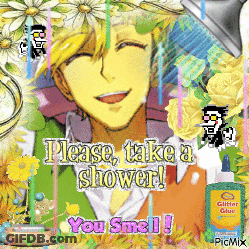 Man Taking Shower With Flowers And Glitter Glue GIF