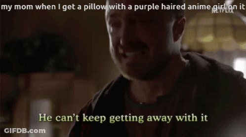 Man Talking About Mom Gets Purple-Haired Anime Girl Pillow GIF