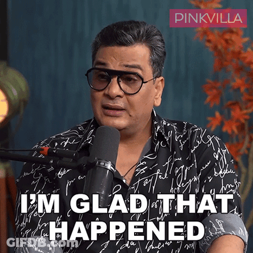 Man Talking Into Microphone Saying I'm Glad That Happened GIF
